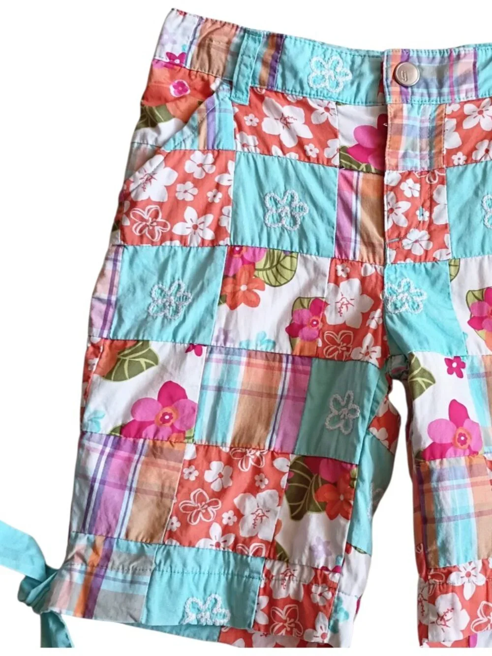 GYMBOREE Girls Surf Adventure Bermuda Shorts Floral Patchwork Aqua Orange Sz 8